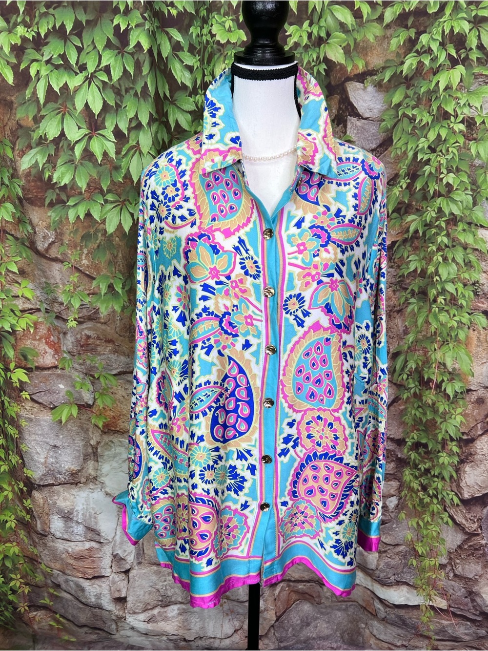 HAUTE HIPPIE STYLE Paisley Resortwear Floral Turquoise Button Front Blouse, 1X - Picture 2 of 14